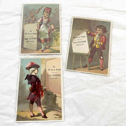 Late 19th - Three Antique French Trade Cards - Louis Legendre Orleans Advertising Chromolithograph Vignettes - Vintage Haberdashery Ephemera
