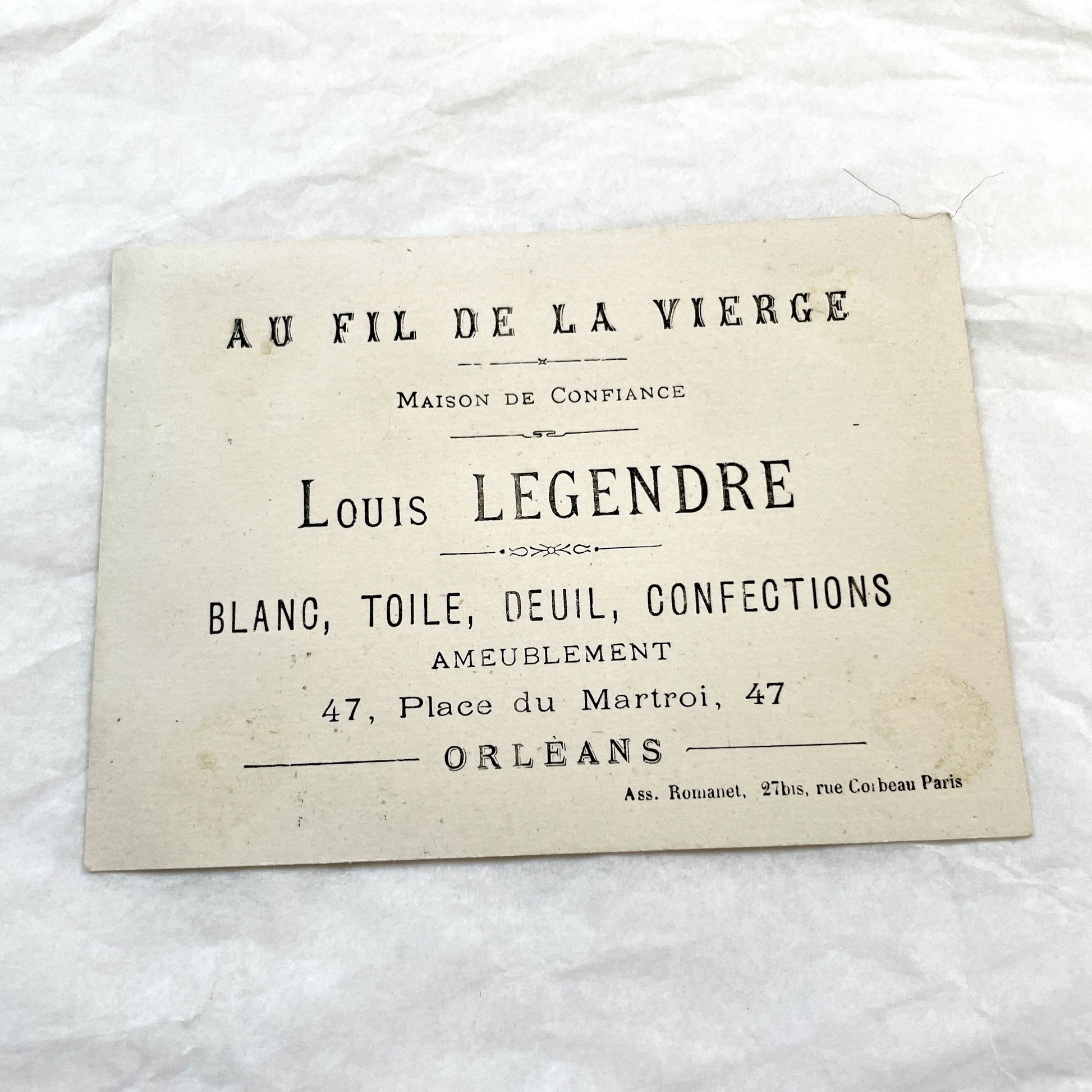 Late 19th - Three Antique French Trade Cards - Louis Legendre Orleans Advertising Chromolithograph Vignettes - Vintage Haberdashery Ephemera