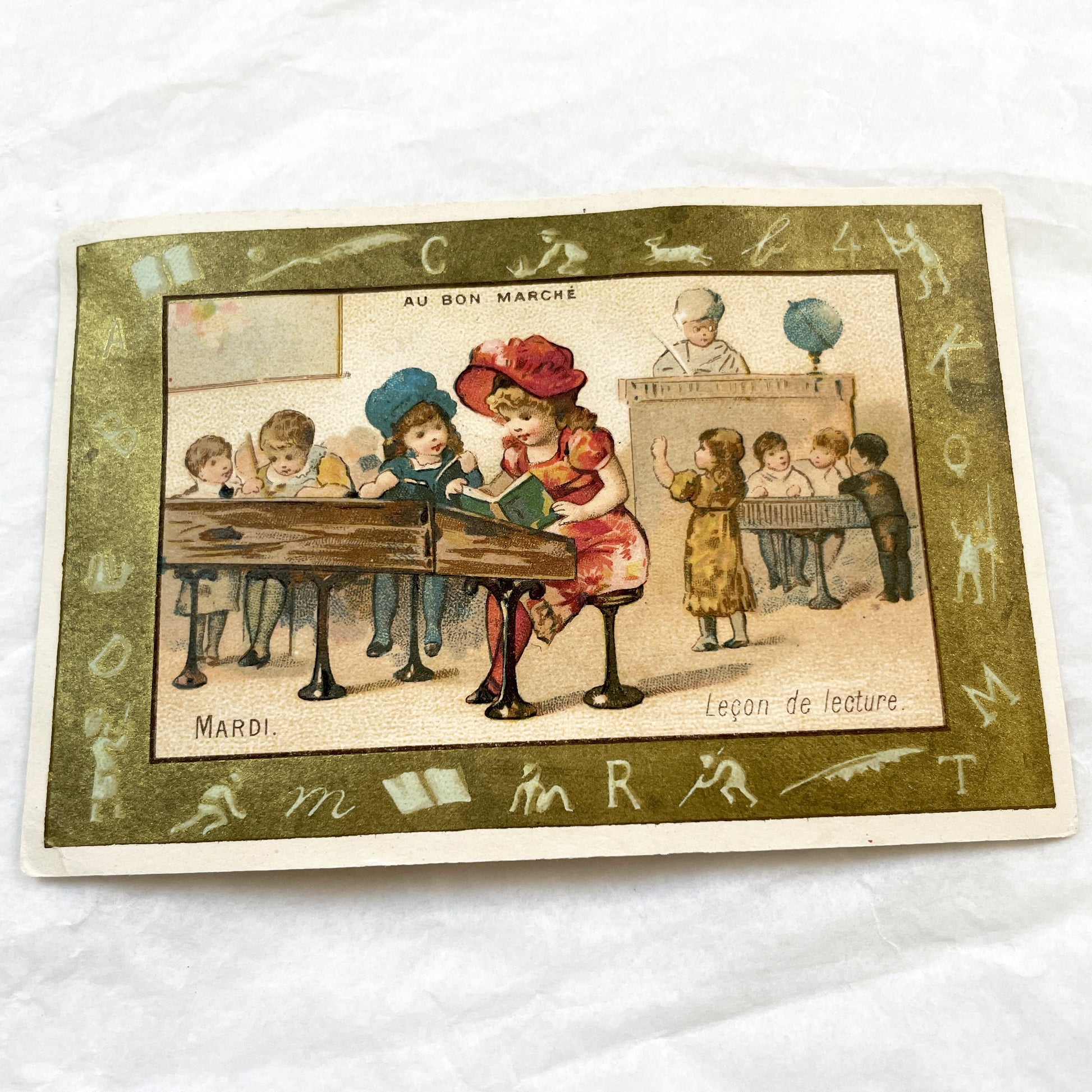 Late 19th - Vintage French Au Bon Marché Chromo Card - Antique Classroom Reading Lesson - Parisian Department Store Advertising Ephemera