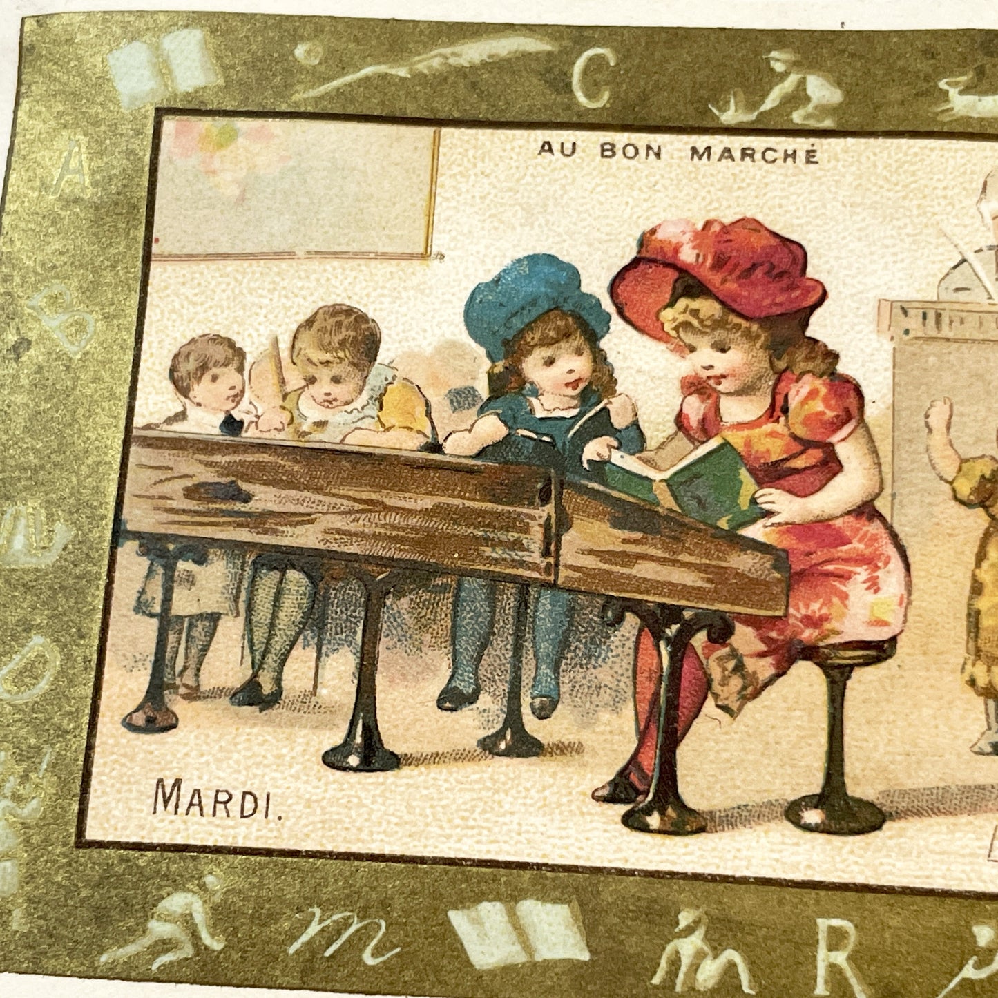 Late 19th - Vintage French Au Bon Marché Chromo Card - Antique Classroom Reading Lesson - Parisian Department Store Advertising Ephemera