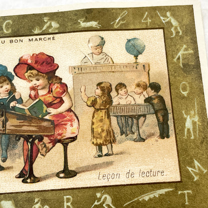 Late 19th - Vintage French Au Bon Marché Chromo Card - Antique Classroom Reading Lesson - Parisian Department Store Advertising Ephemera