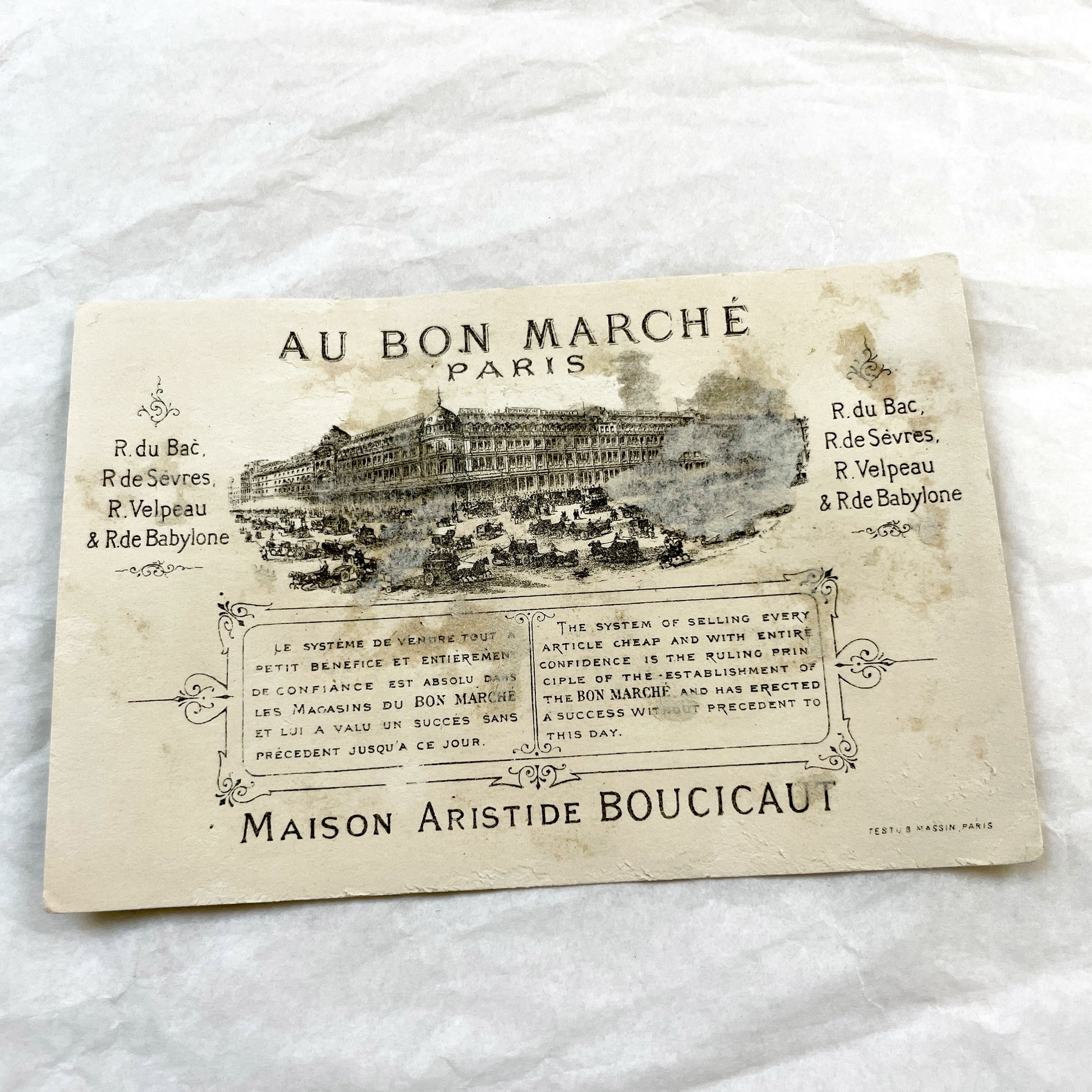 Late 19th - Vintage French Au Bon Marché Chromo Card - Antique Classroom Reading Lesson - Parisian Department Store Advertising Ephemera