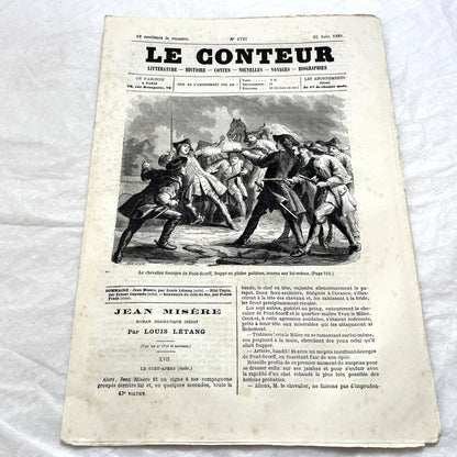 Late 19th century French newspaper 'Le Conteur' from 1881, featuring an engraving of a fight scene with swords and pistols.