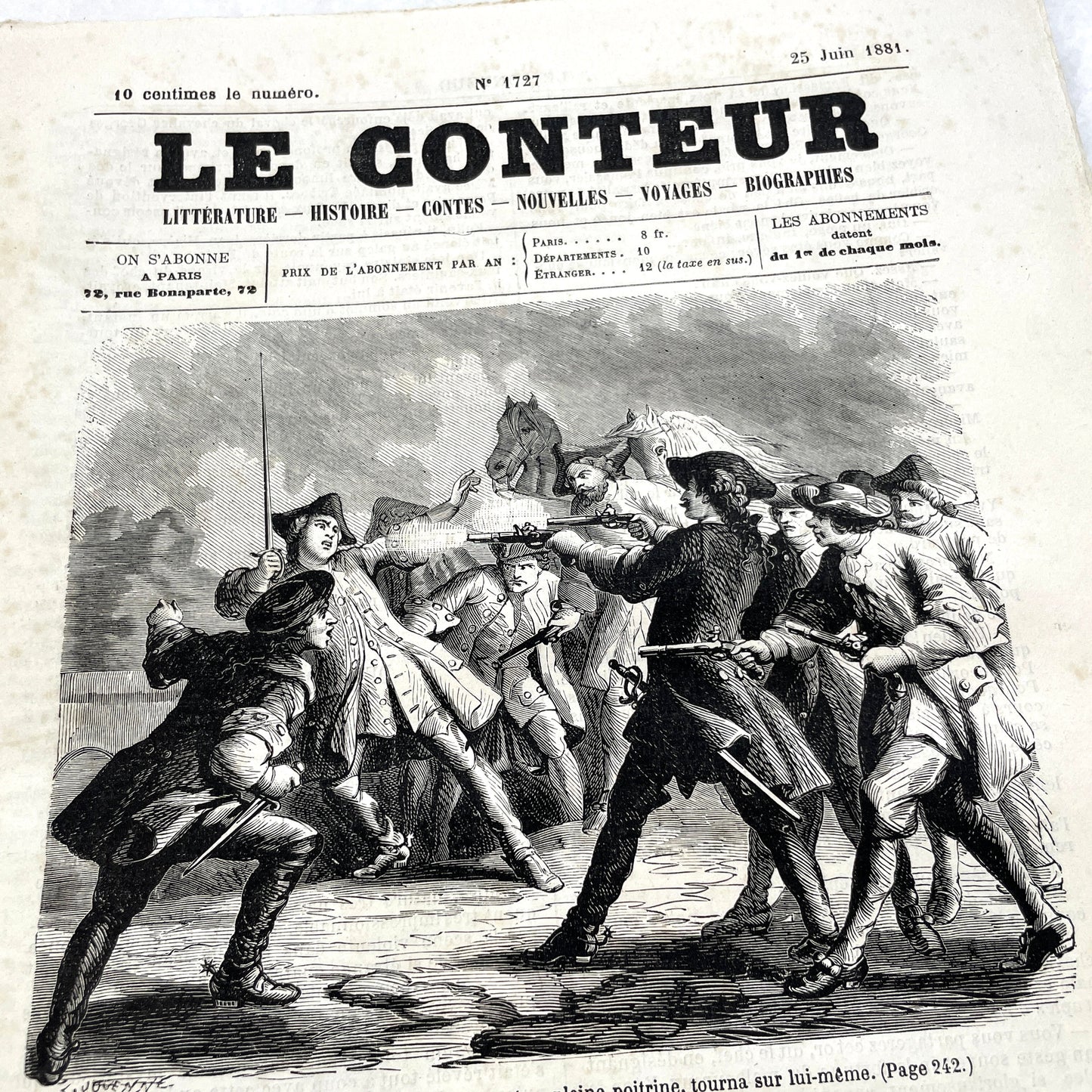 Late 19th century French newspaper 'Le Conteur' from 1881, featuring an engraving of a fight scene with swords and pistols.