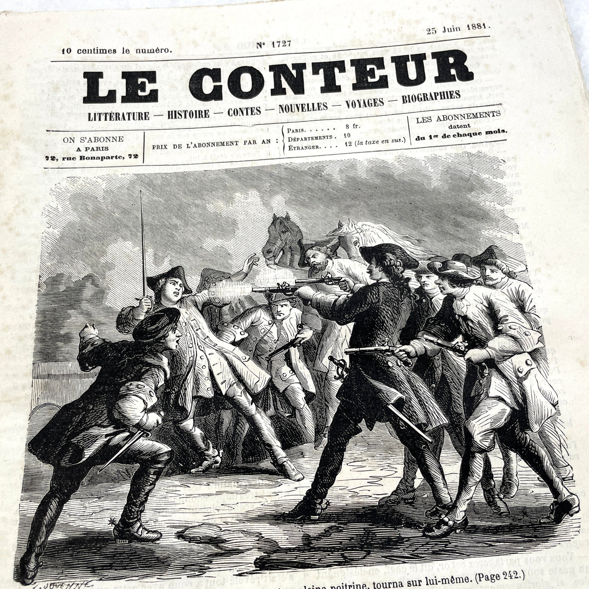 Late 19th century French newspaper 'Le Conteur' from 1881, featuring an engraving of a fight scene with swords and pistols.