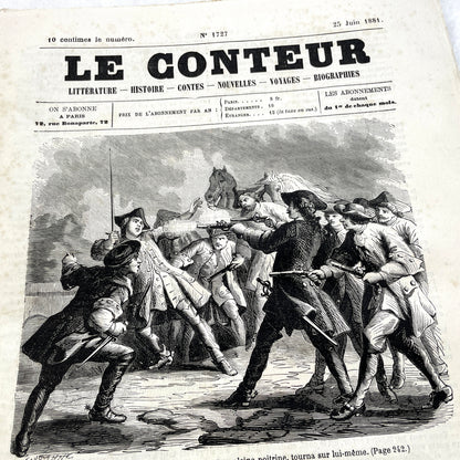 Late 19th century French newspaper 'Le Conteur' from 1881, featuring an engraving of a fight scene with swords and pistols.