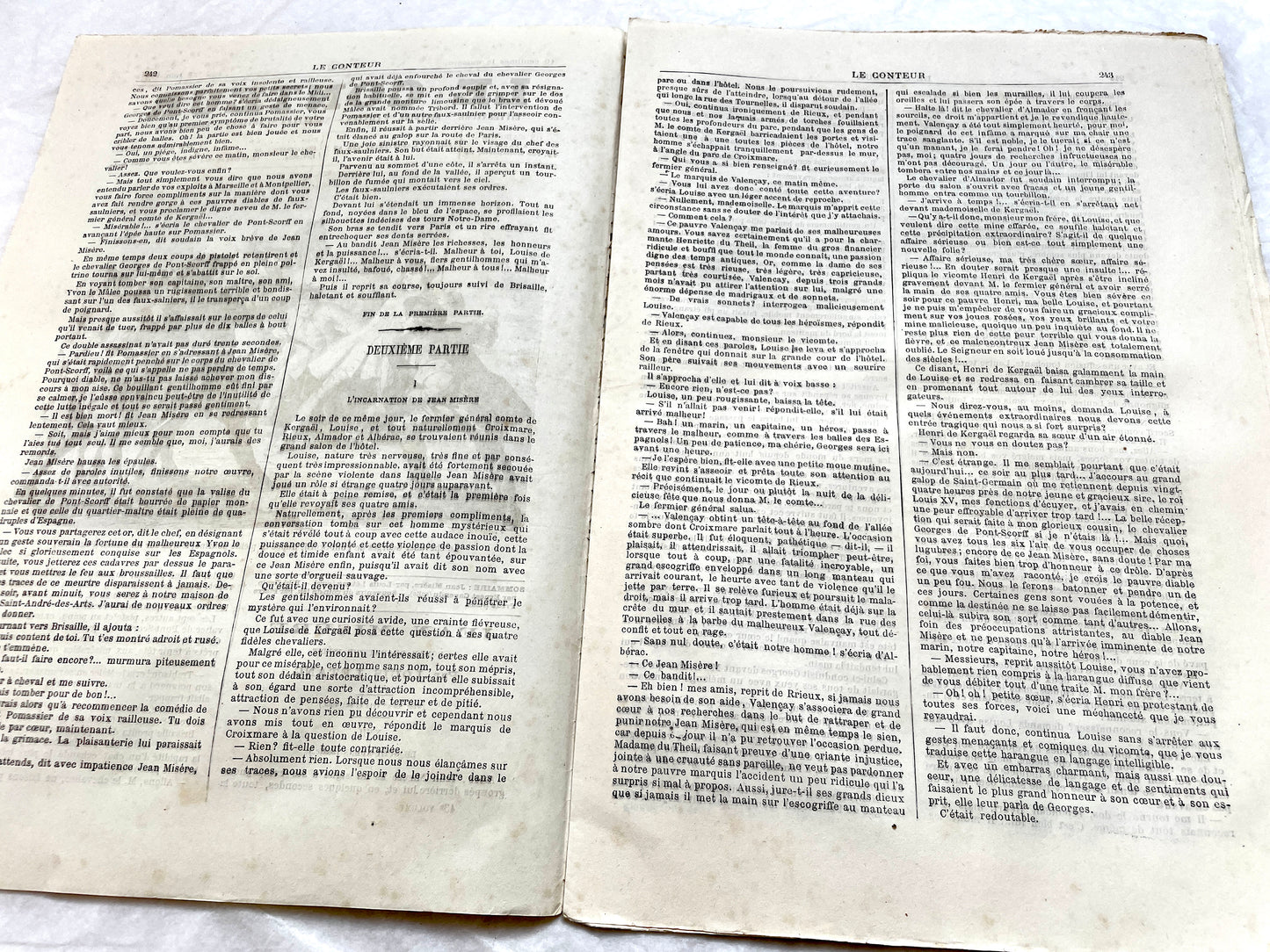 Late 19th century French newspaper 'Le Conteur' from 1881, featuring an engraving of a fight scene with swords and pistols.