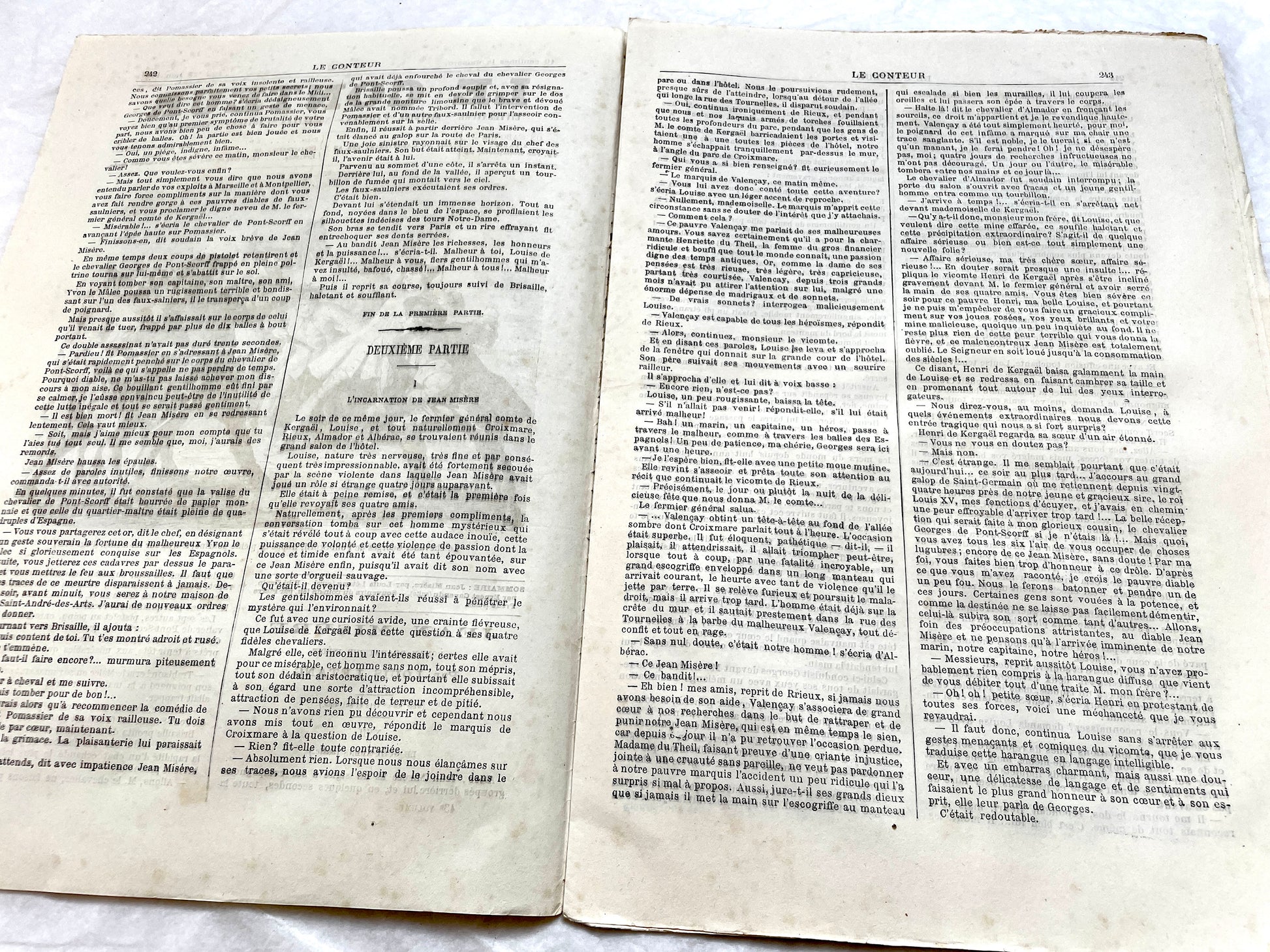 Late 19th century French newspaper 'Le Conteur' from 1881, featuring an engraving of a fight scene with swords and pistols.