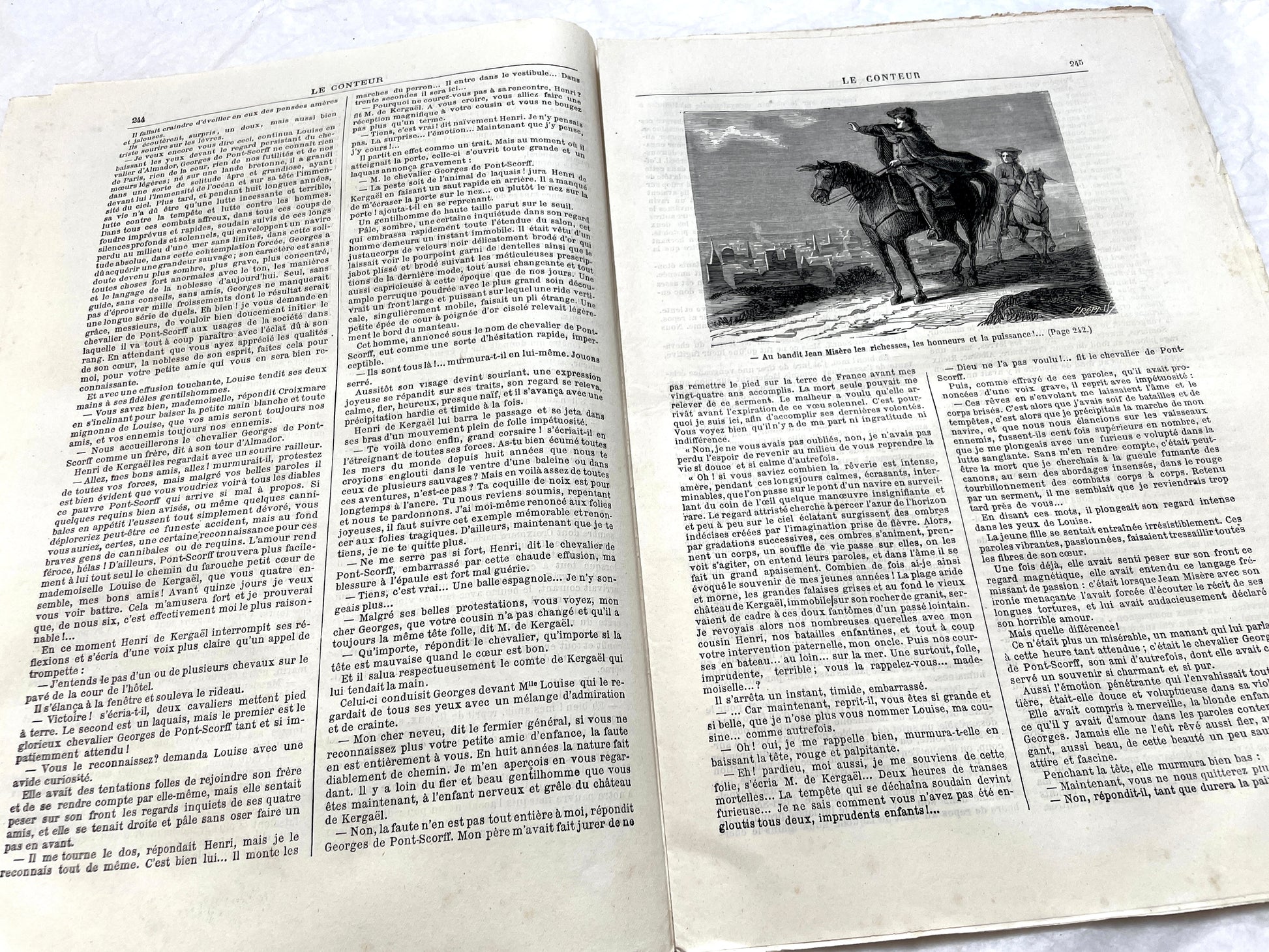 Late 19th century French newspaper 'Le Conteur' from 1881, featuring an engraving of a fight scene with swords and pistols.
