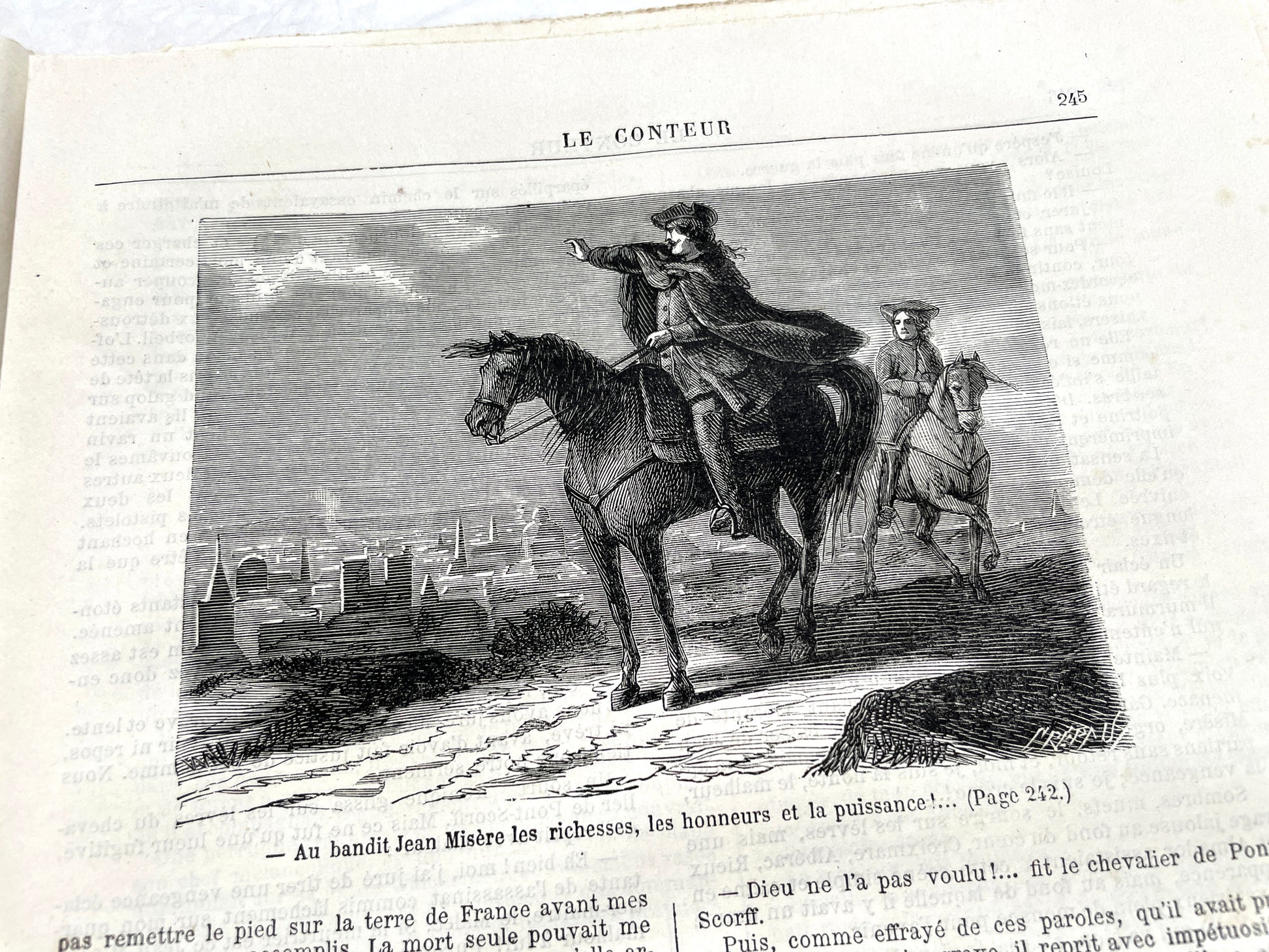 Late 19th century French newspaper 'Le Conteur' from 1881, featuring an engraving of a fight scene with swords and pistols.