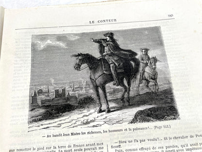 Late 19th century French newspaper 'Le Conteur' from 1881, featuring an engraving of a fight scene with swords and pistols.