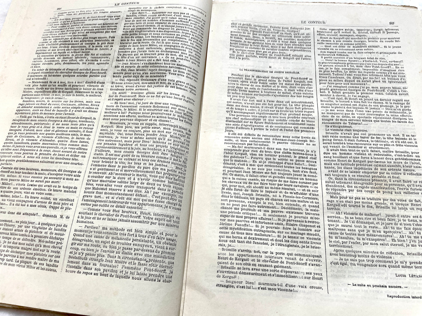 Late 19th century French newspaper 'Le Conteur' from 1881, featuring an engraving of a fight scene with swords and pistols.