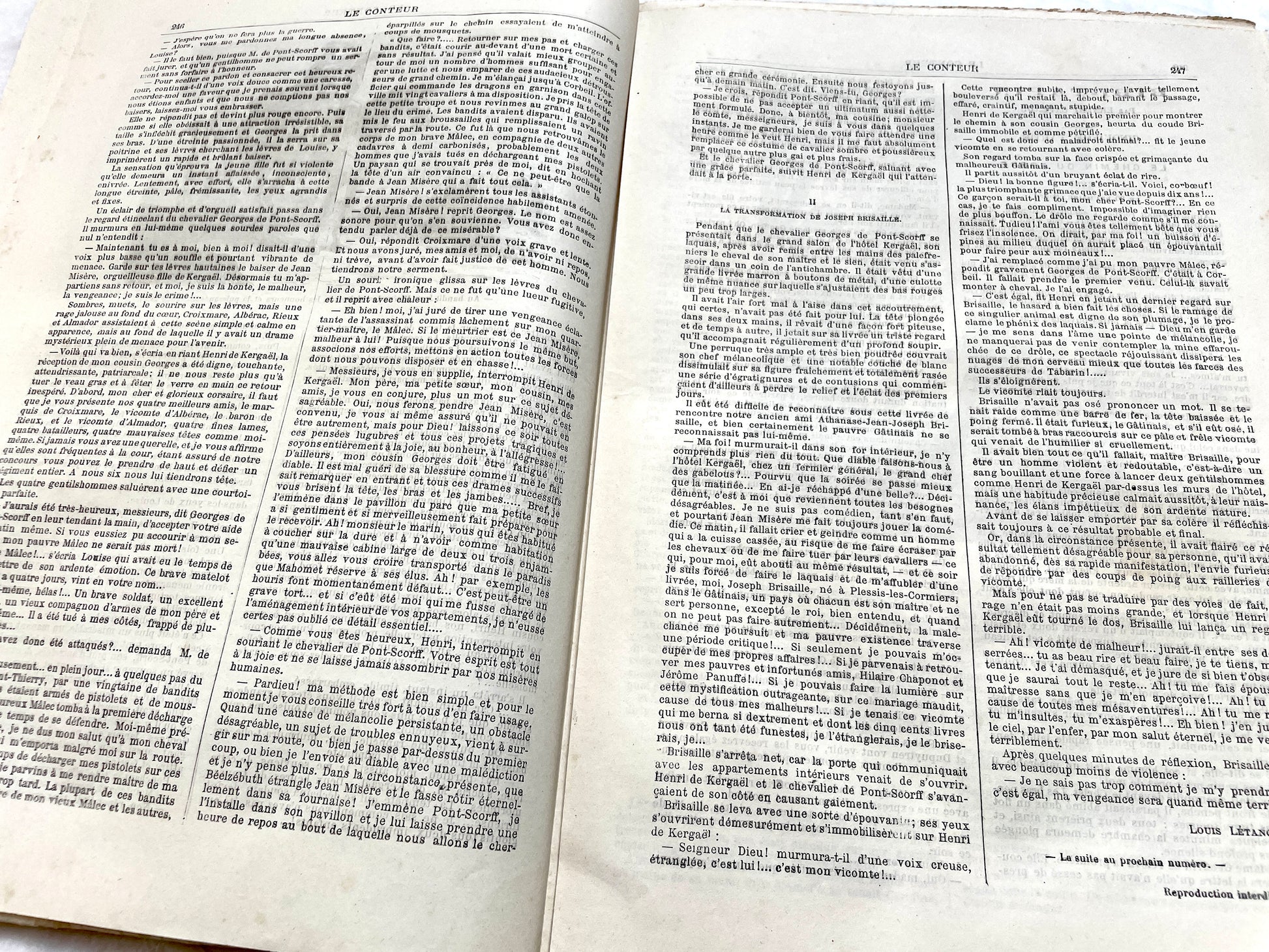 Late 19th century French newspaper 'Le Conteur' from 1881, featuring an engraving of a fight scene with swords and pistols.