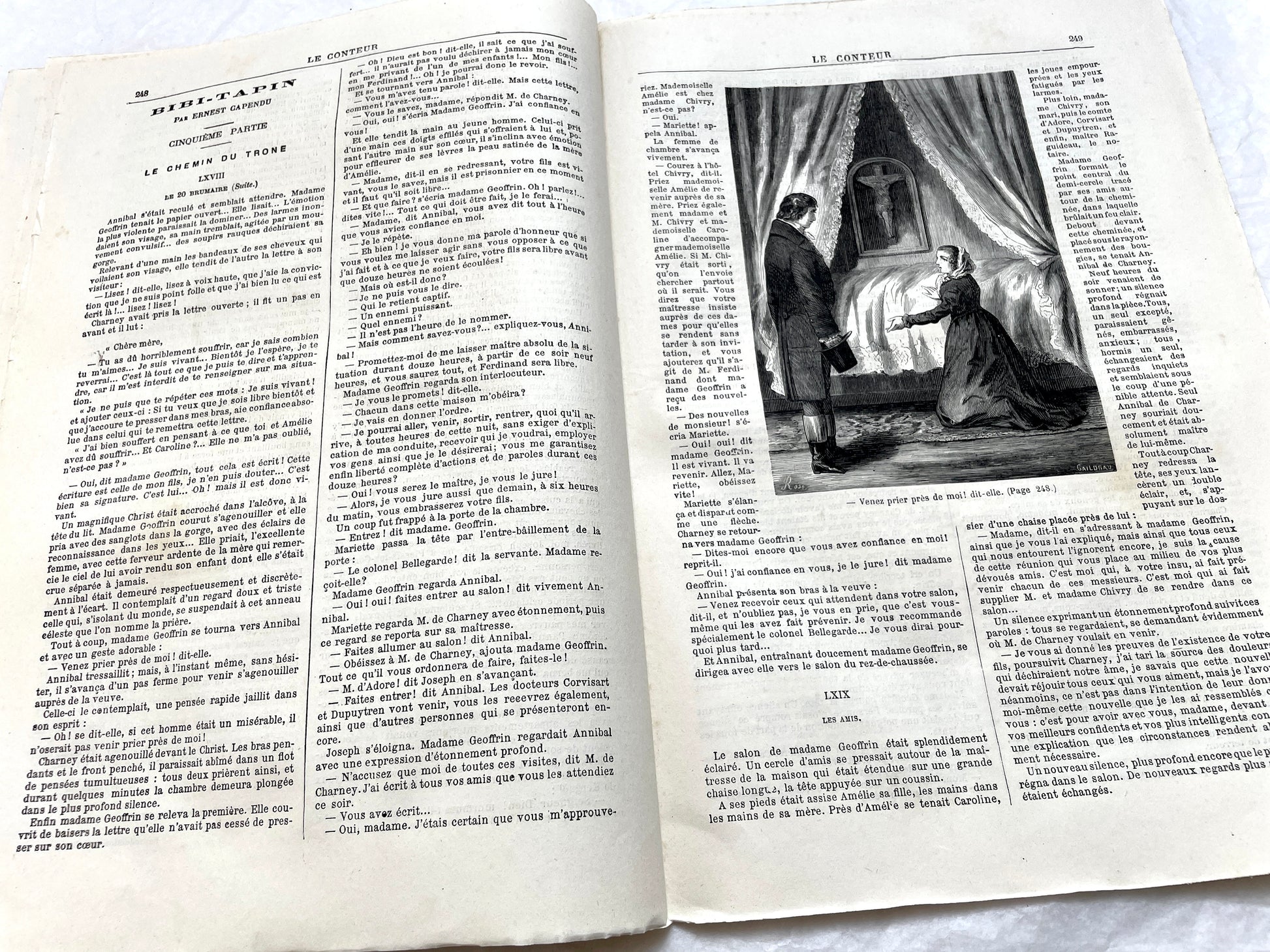 Late 19th century French newspaper 'Le Conteur' from 1881, featuring an engraving of a fight scene with swords and pistols.