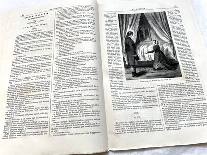 Late 19th century French newspaper 'Le Conteur' from 1881, featuring an engraving of a fight scene with swords and pistols.