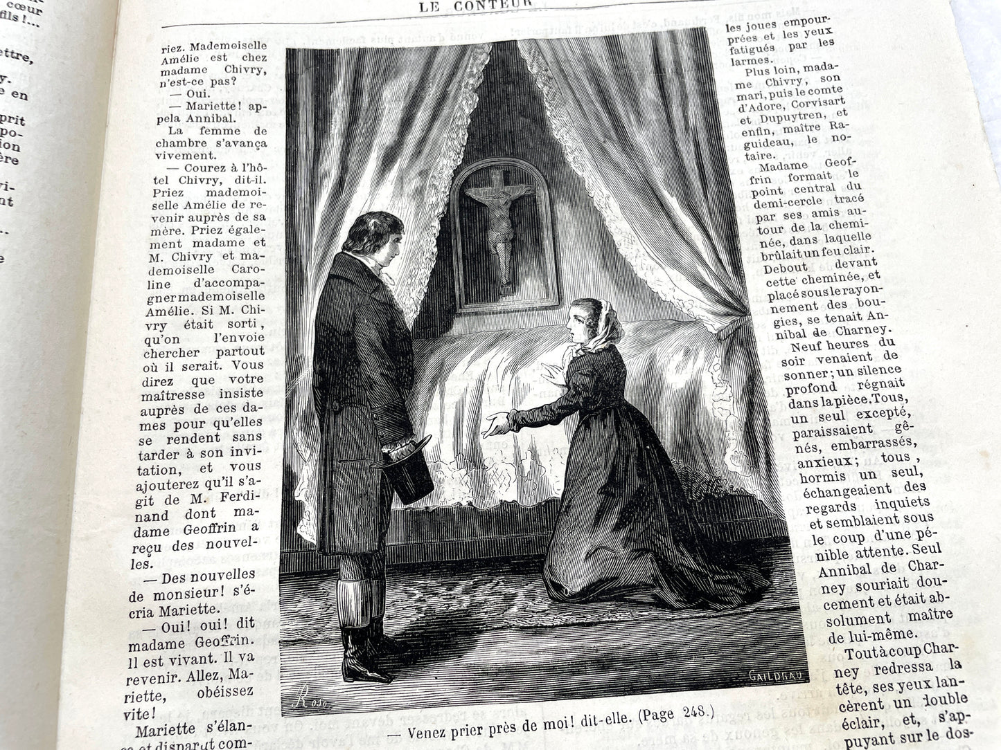 Late 19th century French newspaper 'Le Conteur' from 1881, featuring an engraving of a fight scene with swords and pistols.