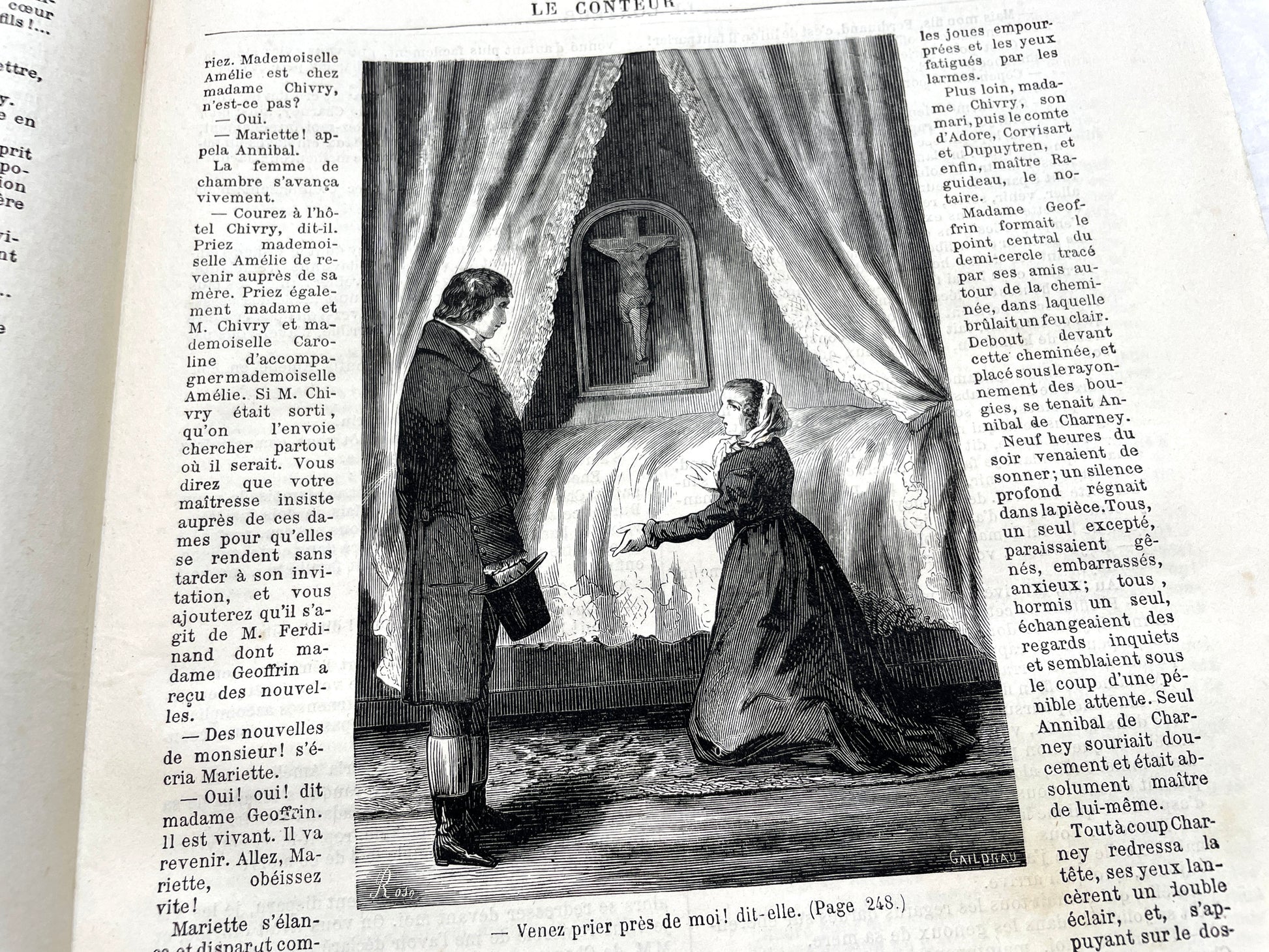 Late 19th century French newspaper 'Le Conteur' from 1881, featuring an engraving of a fight scene with swords and pistols.