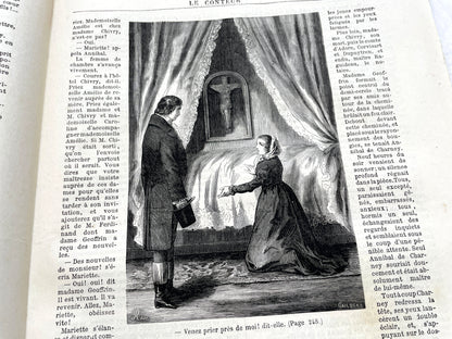Late 19th century French newspaper 'Le Conteur' from 1881, featuring an engraving of a fight scene with swords and pistols.
