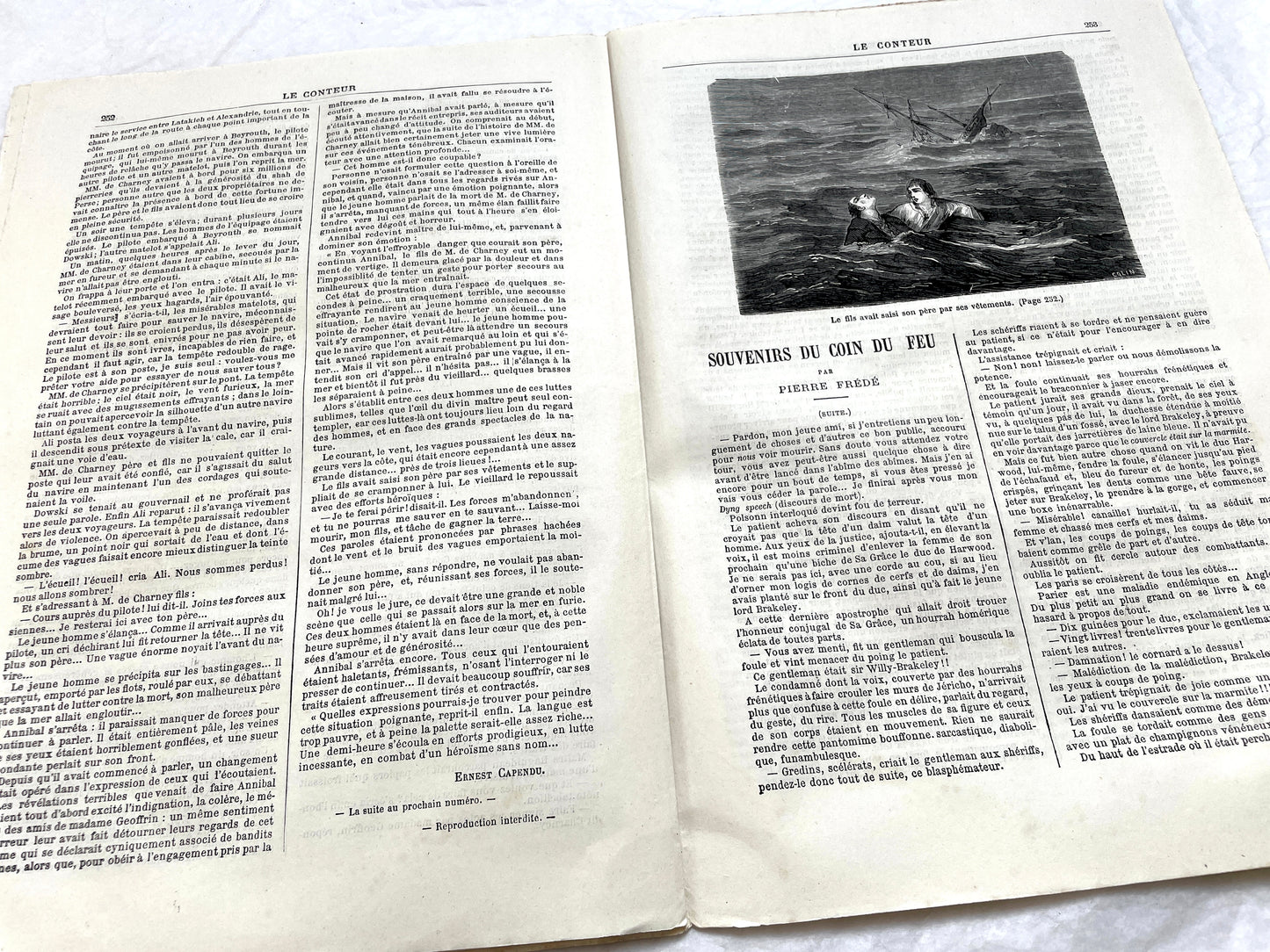 Late 19th century French newspaper 'Le Conteur' from 1881, featuring an engraving of a fight scene with swords and pistols.