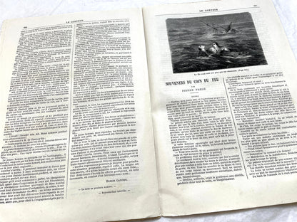 Late 19th century French newspaper 'Le Conteur' from 1881, featuring an engraving of a fight scene with swords and pistols.
