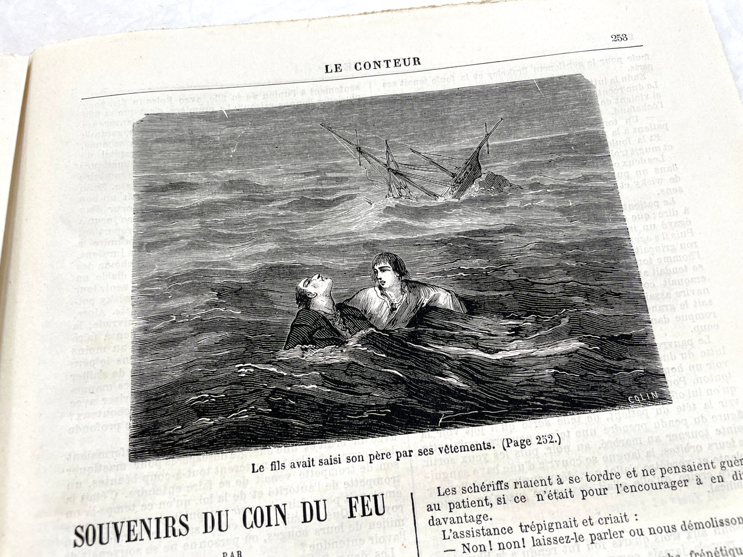 Late 19th century French newspaper 'Le Conteur' from 1881, featuring an engraving of a fight scene with swords and pistols.