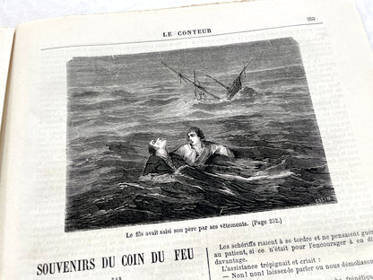 Late 19th century French newspaper 'Le Conteur' from 1881, featuring an engraving of a fight scene with swords and pistols.