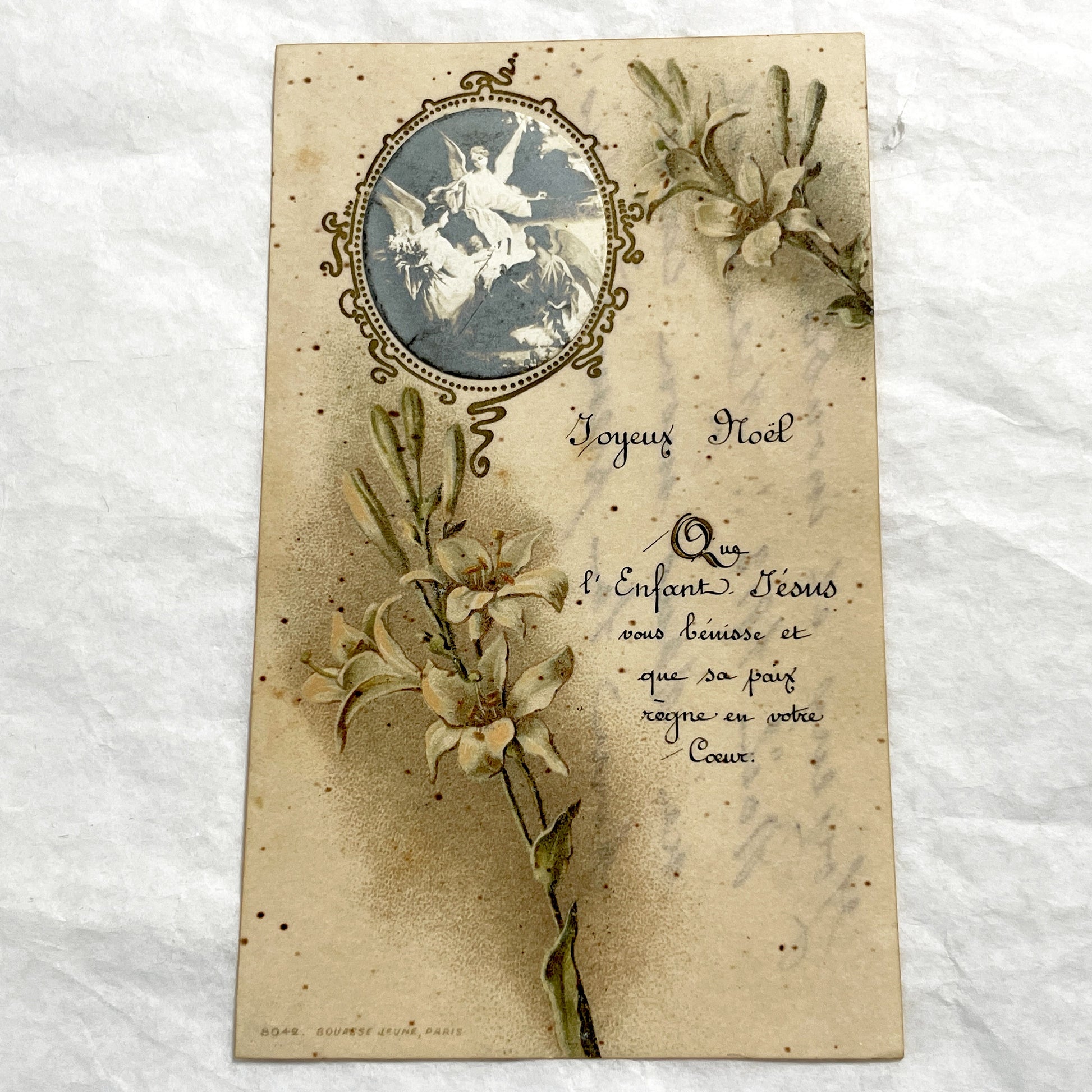 1910s - Vintage French Christmas Card - Religious Angels Lilies Motif - Bouasse Jeune Paris - 1913 Handwritten Message - Collectible