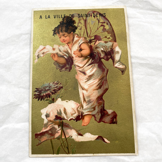 Late 19th - Vintage French Chromo Postcard - Cherub Angel Butterfly Wings - Gilt Background Art Print - Antique Ephemera Collectible