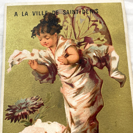 Late 19th - Vintage French Chromo Postcard - Cherub Angel Butterfly Wings - Gilt Background Art Print - Antique Ephemera Collectible