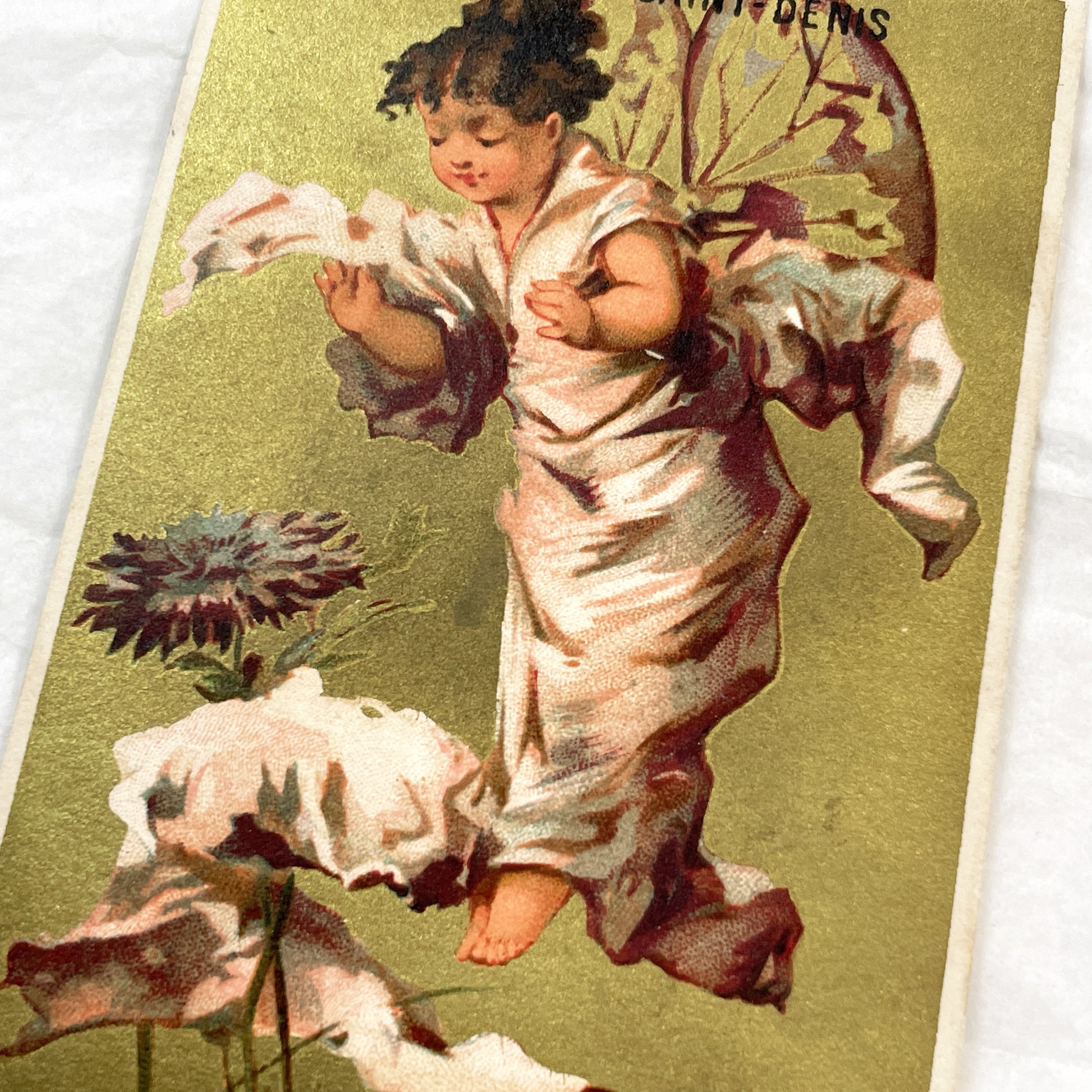 Late 19th - Vintage French Chromo Postcard - Cherub Angel Butterfly Wings - Gilt Background Art Print - Antique Ephemera Collectible