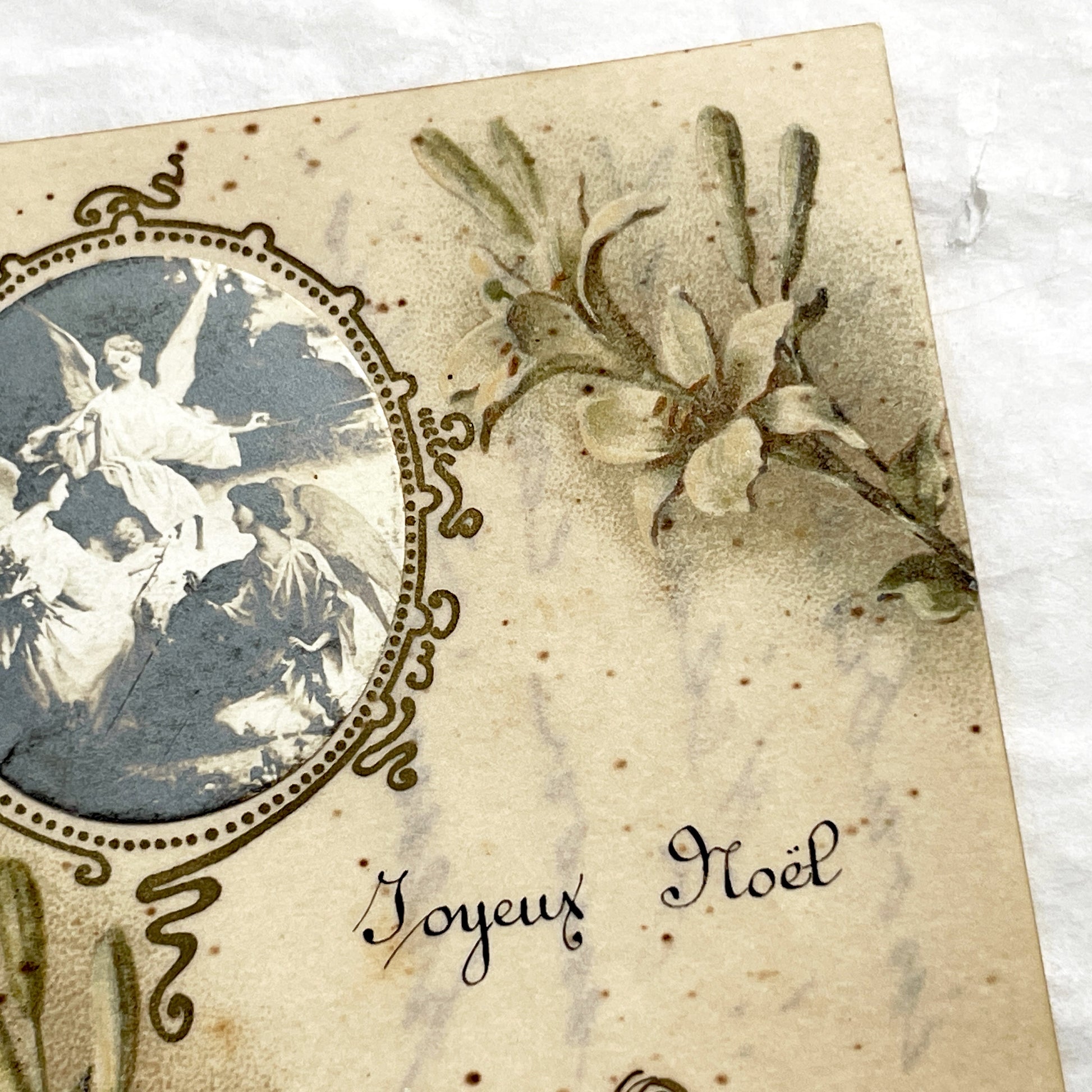 1910s - Vintage French Christmas Card - Religious Angels Lilies Motif - Bouasse Jeune Paris - 1913 Handwritten Message - Collectible