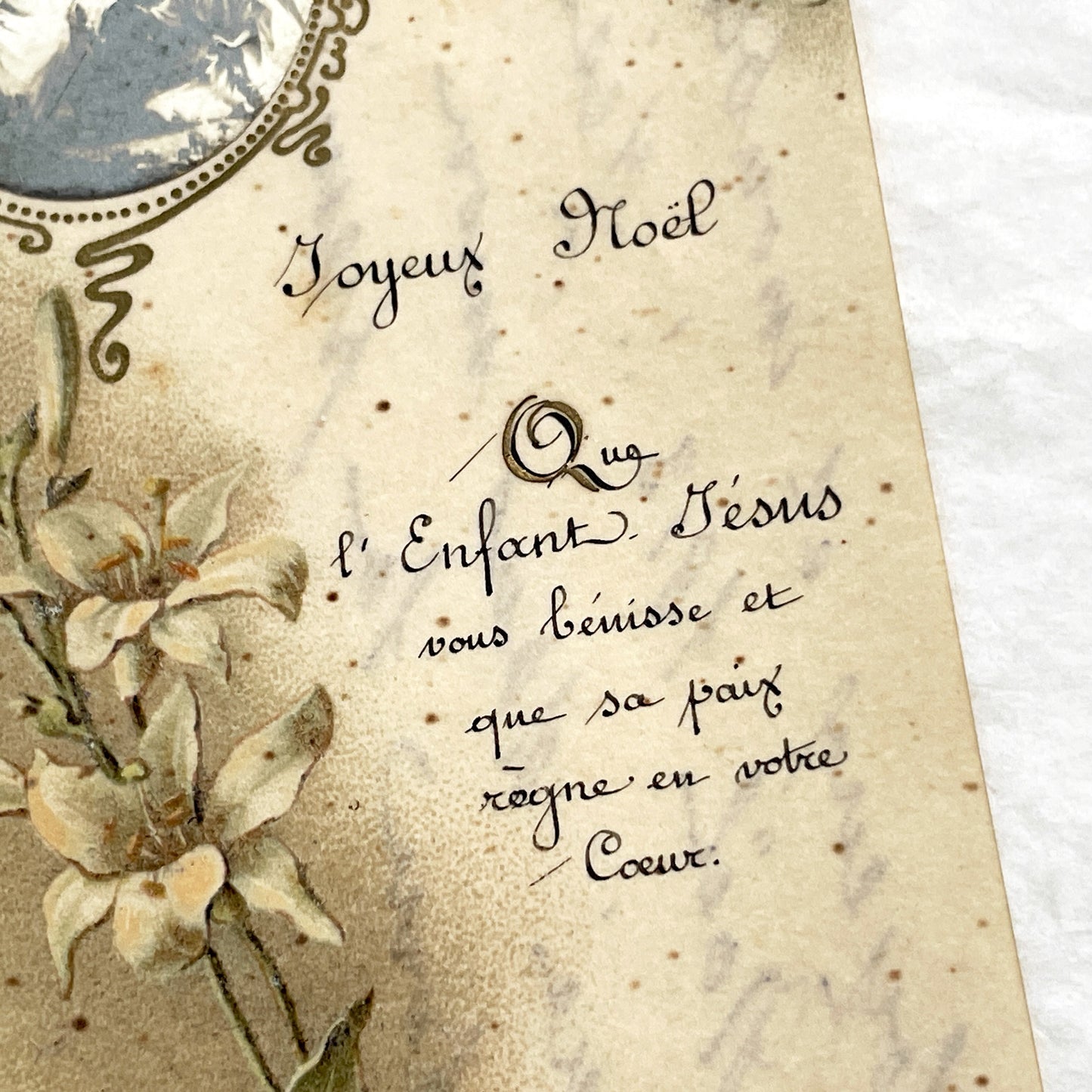 1910s - Vintage French Christmas Card - Religious Angels Lilies Motif - Bouasse Jeune Paris - 1913 Handwritten Message - Collectible