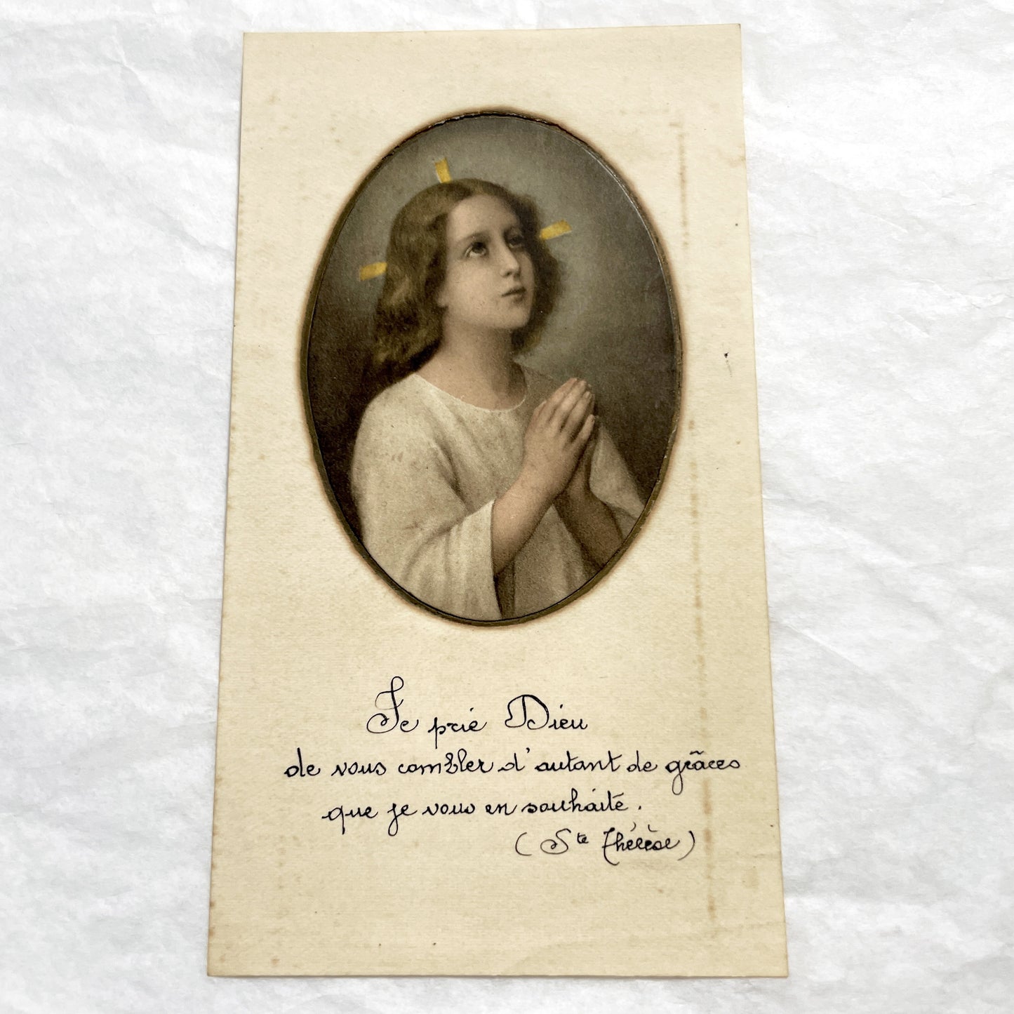 1910s - Antique French Holy Card featuring a Young Boy Praying - First Communion Commemorative Card - Devotional Ephemera