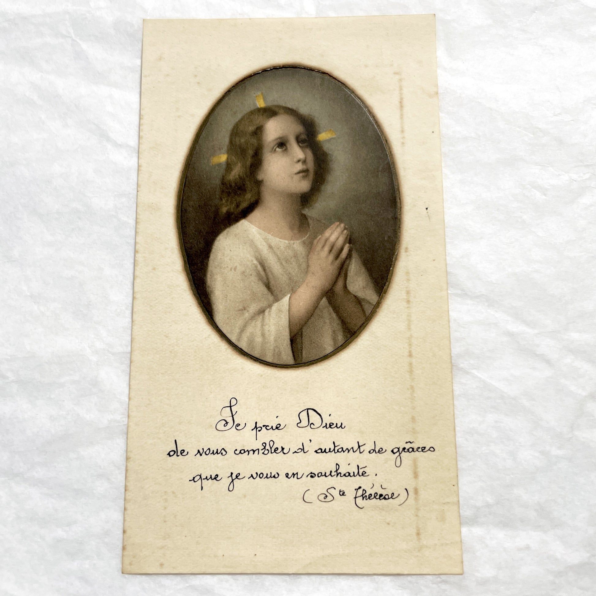 1910s - Antique French Holy Card featuring a Young Boy Praying - First Communion Commemorative Card - Devotional Ephemera