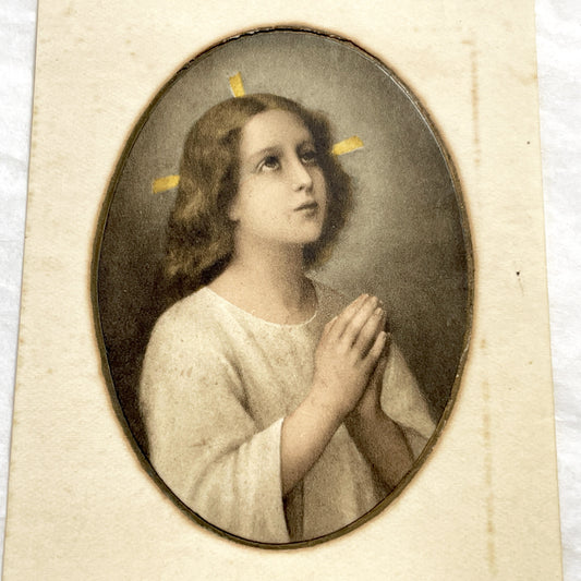 1910s - Antique French Holy Card featuring a Young Boy Praying - First Communion Commemorative Card - Devotional Ephemera