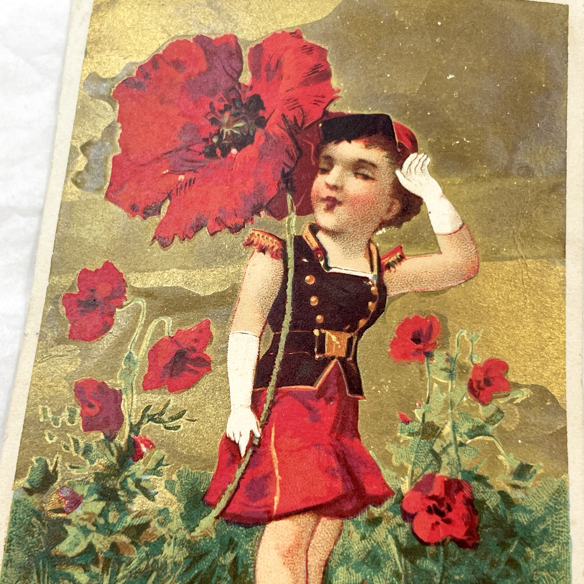 Late 19th Century - Two French & African Chromo Cards - Children, Flowers, Gold Accents - Vintage Collectible Pair