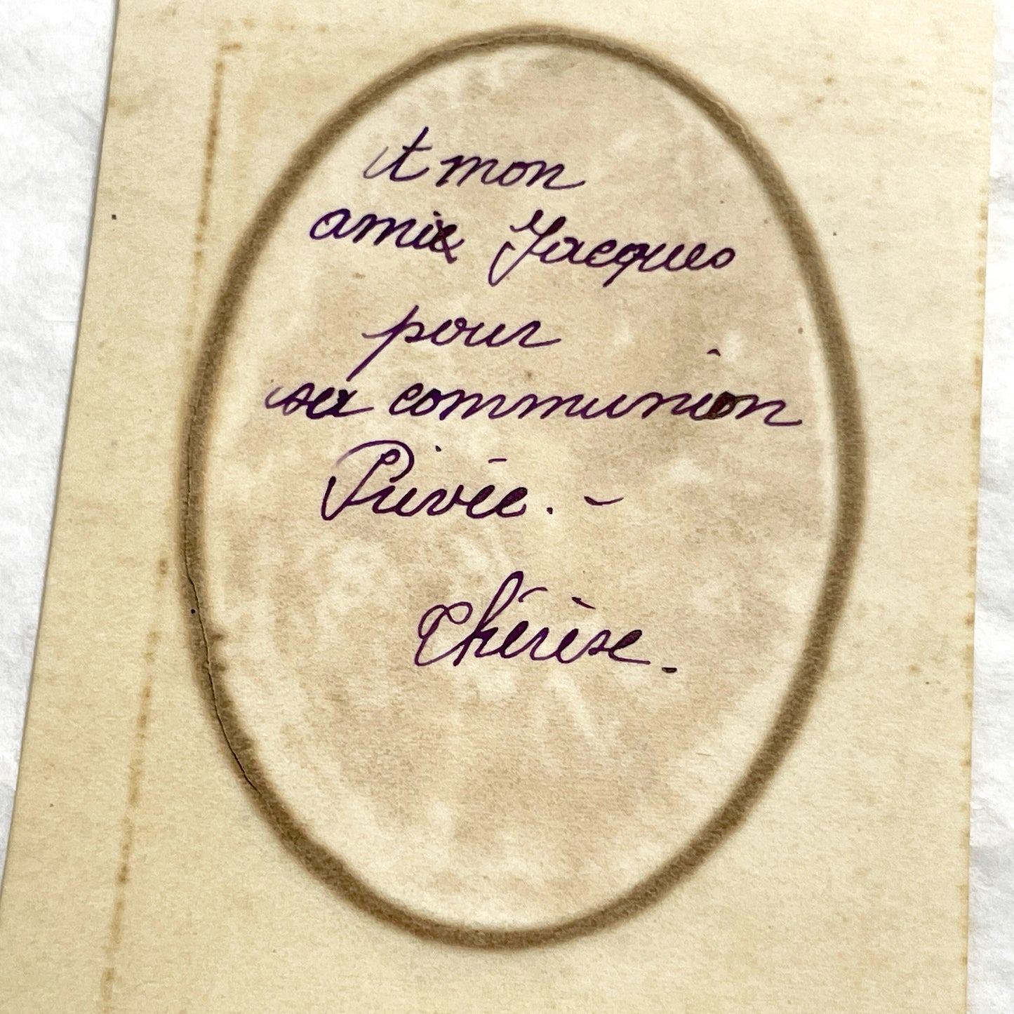 1910s - Antique French Holy Card featuring a Young Boy Praying - First Communion Commemorative Card - Devotional Ephemera