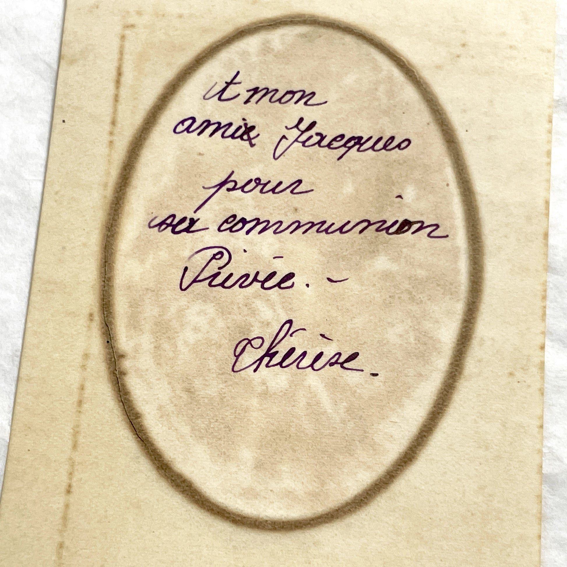 1910s - Antique French Holy Card featuring a Young Boy Praying - First Communion Commemorative Card - Devotional Ephemera