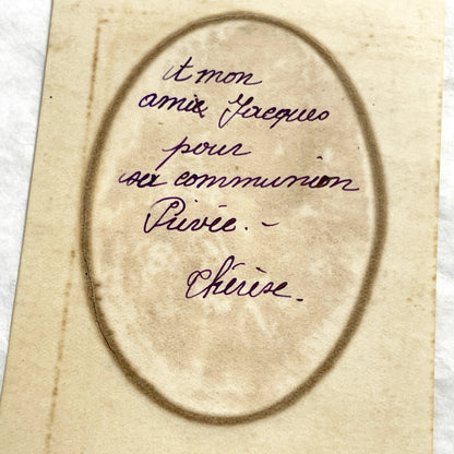1910s - Antique French Holy Card featuring a Young Boy Praying - First Communion Commemorative Card - Devotional Ephemera