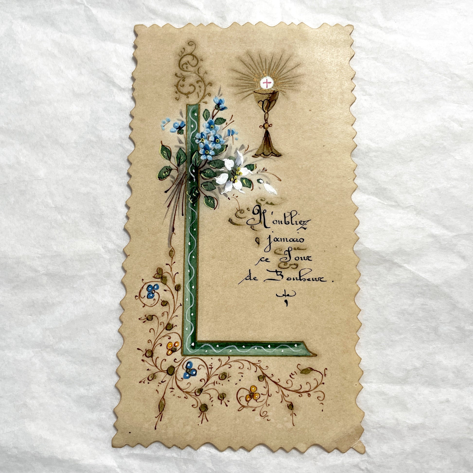 1910s - Ornate First Communion Card - Hand-Painted Religious Memento with Monstrance and Chalice - French Scripture - Spiritual Reflection