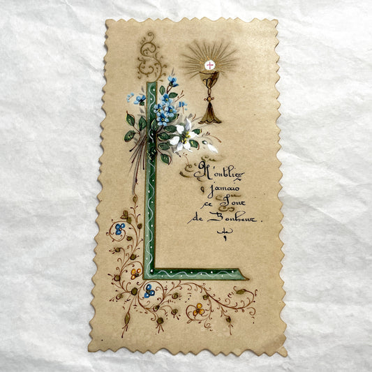 1910s - Ornate First Communion Card - Hand-Painted Religious Memento with Monstrance and Chalice - French Scripture - Spiritual Reflection