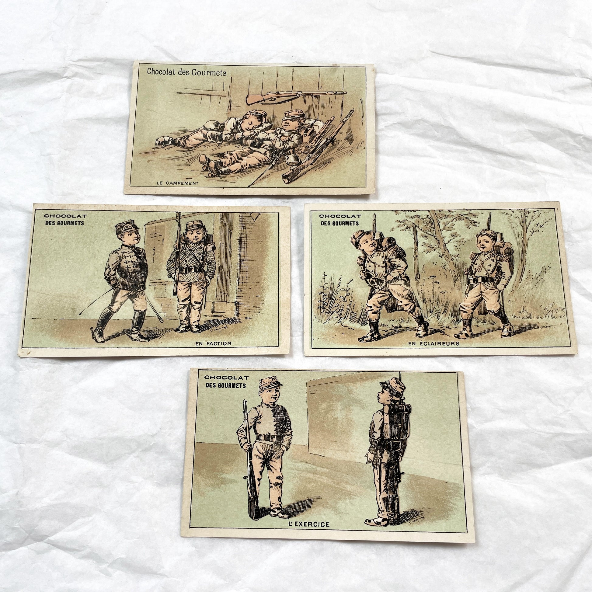 1900s - Six Chocolat Des Gourmets Military Cards - French Chromolithograph Set - Children's Army Training Scenes - Vintage Ephemera