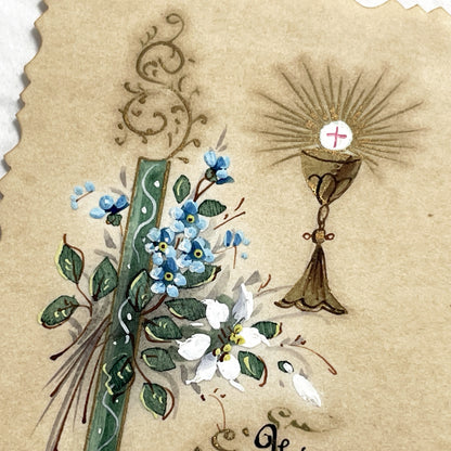1910s - Ornate First Communion Card - Hand-Painted Religious Memento with Monstrance and Chalice - French Scripture - Spiritual Reflection