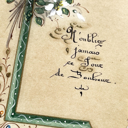 1910s - Ornate First Communion Card - Hand-Painted Religious Memento with Monstrance and Chalice - French Scripture - Spiritual Reflection