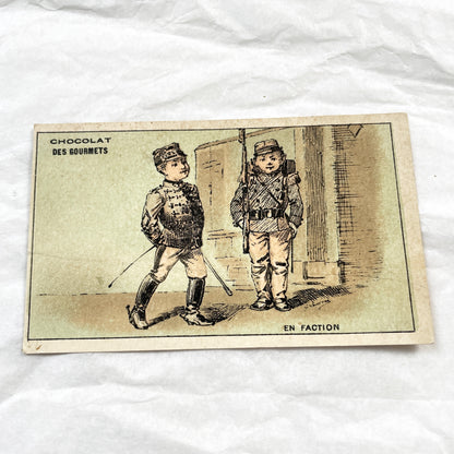 1900s - Six Chocolat Des Gourmets Military Cards - French Chromolithograph Set - Children's Army Training Scenes - Vintage Ephemera