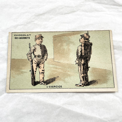 1900s - Six Chocolat Des Gourmets Military Cards - French Chromolithograph Set - Children's Army Training Scenes - Vintage Ephemera