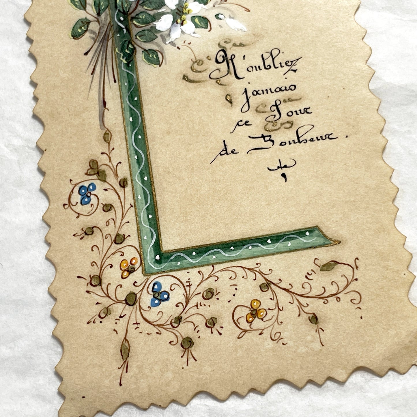 1910s - Ornate First Communion Card - Hand-Painted Religious Memento with Monstrance and Chalice - French Scripture - Spiritual Reflection