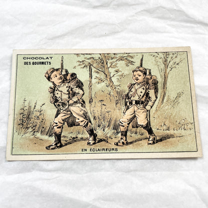 1900s - Six Chocolat Des Gourmets Military Cards - French Chromolithograph Set - Children's Army Training Scenes - Vintage Ephemera