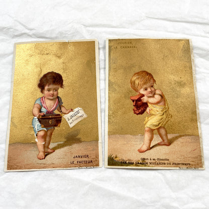 Late 19th-Century - Two French Chromolithograph - Advertising Card - Au Printemps Department Store - Children Cherub Theme