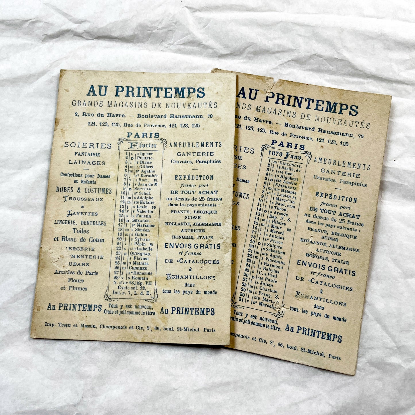 Late 19th-Century - Two French Chromolithograph - Advertising Card - Au Printemps Department Store - Children Cherub Theme